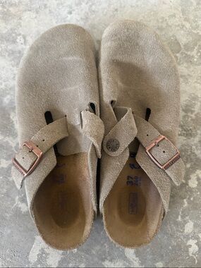 Birkenstock Taupe Suede Clogs with Copper Buckles